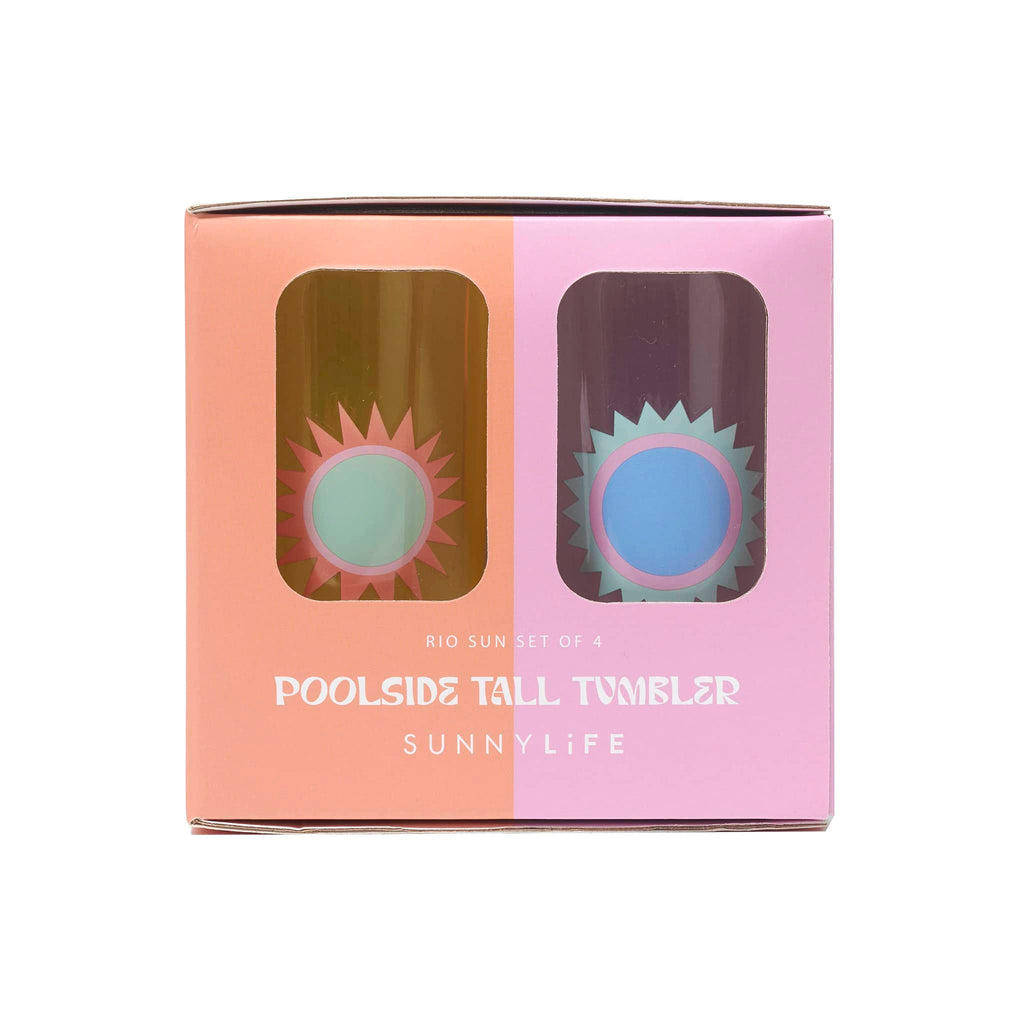Sunnylife Rio Sun Poolside Tall Acrylic Tumbers, set of 4 in box packaging, front view with orange and pink color blocks.