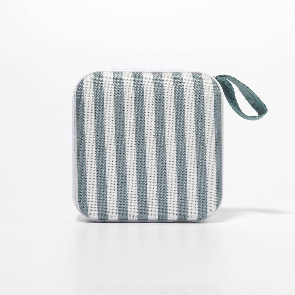 Sunnylife Portable Travel Speaker in The Vacay Olive and Cream Stripe, front view.