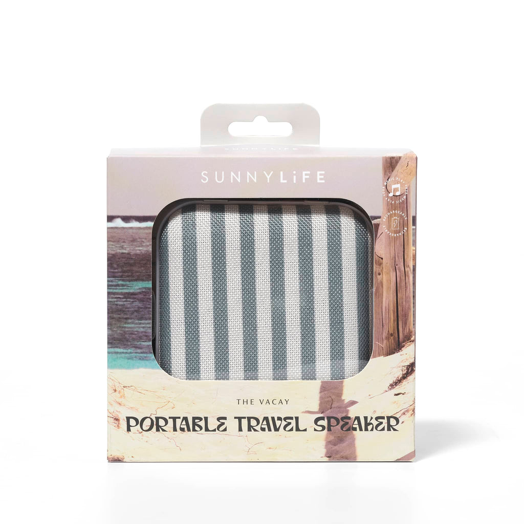 Sunnylife Portable Travel Speaker in The Vacay Olive and Cream Stripe in box packaging, front view.