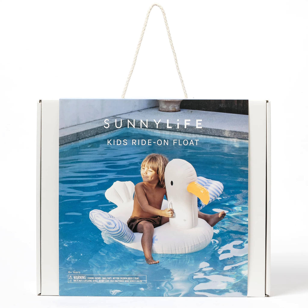 Sunnylife Sid the Seagull Kids Ride-On Inflatable Float, in box packaging, front view.