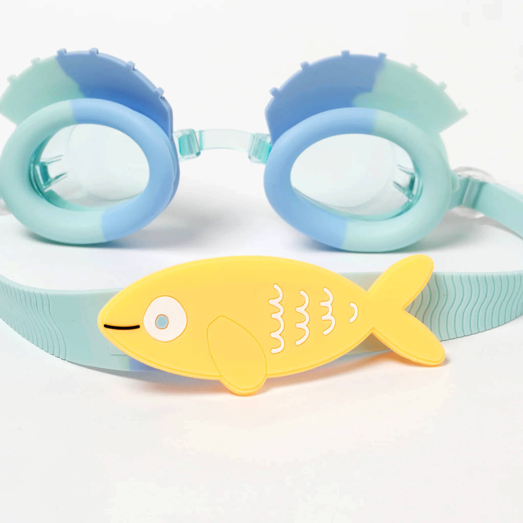 Sunnylife Finn the Fish kids aqua blue swimming goggles, back detail view.