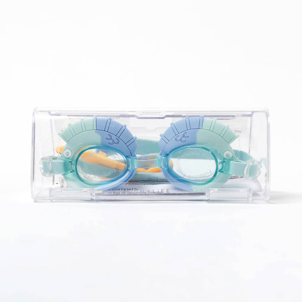 Sunnylife Finn the Fish kids aqua blue swimming goggles, front view, in packaging.