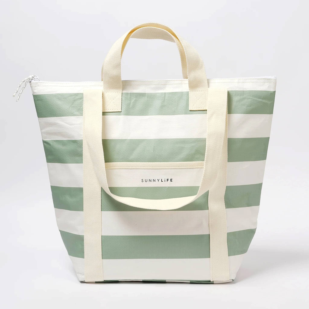 Sunnylife light insulated cooler tote bag in La Palma Sage stripes, front view.