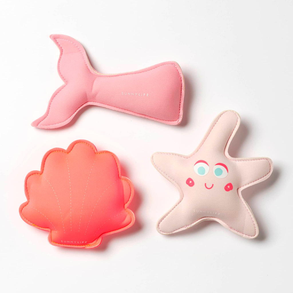 Sunnylife Melody the Mermaid Dive Buddies pool toys set of 3, pink mermaid tail, coral scallop shell and dusty pink starfish.
