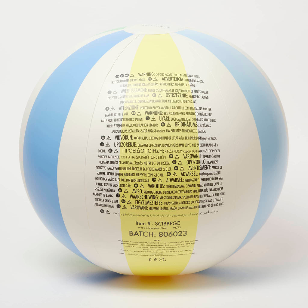 Sunnylife Poolside Pastel Gelato Inflatable Beach Ball with pastel rainbow stripes, back view with warning labels.