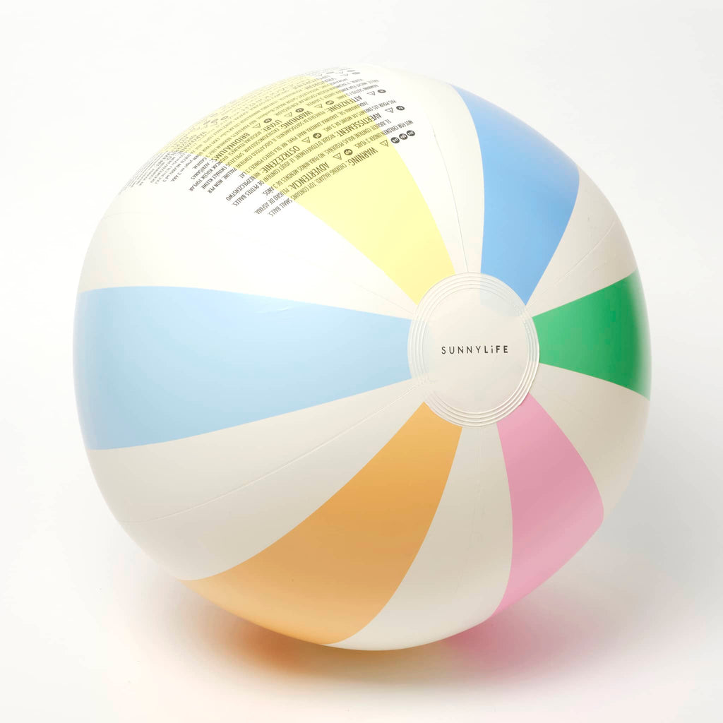Sunnylife Poolside Pastel Gelato Inflatable Beach Ball with pastel rainbow stripes, top view.