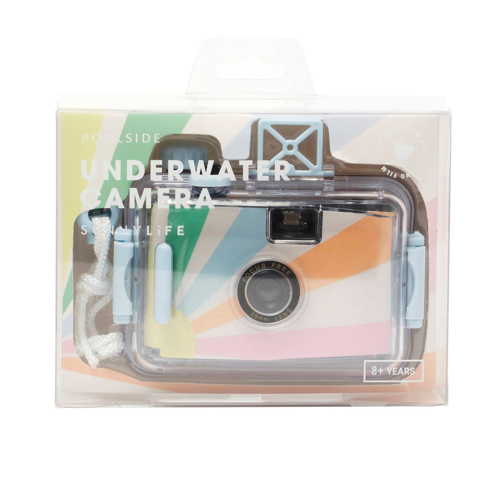 Sunnylife Poolside Pastel Gelato 35mm waterproof underwater camera with green, blue, orange, pink and yellow sun rays on a white background in box packaging, front view.