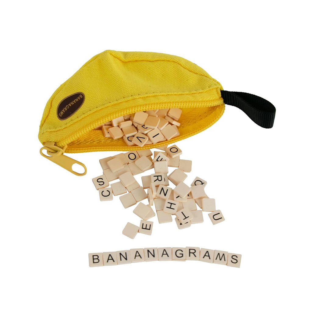 Super Impulse World's Smallest Bananagrams banana-shaped pouch with tiles spilling out.