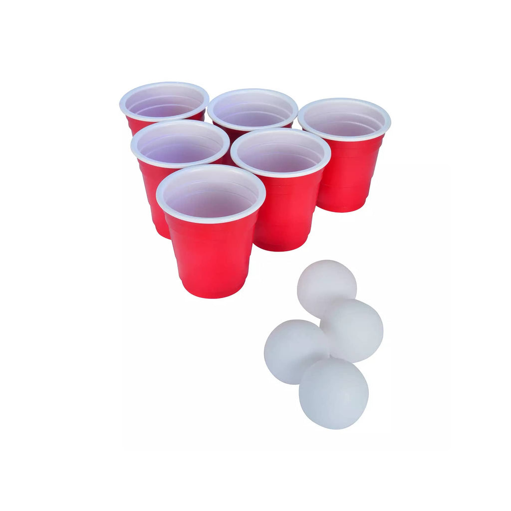 Set of mini red plastic cups and mini white ping pong balls on a white background.