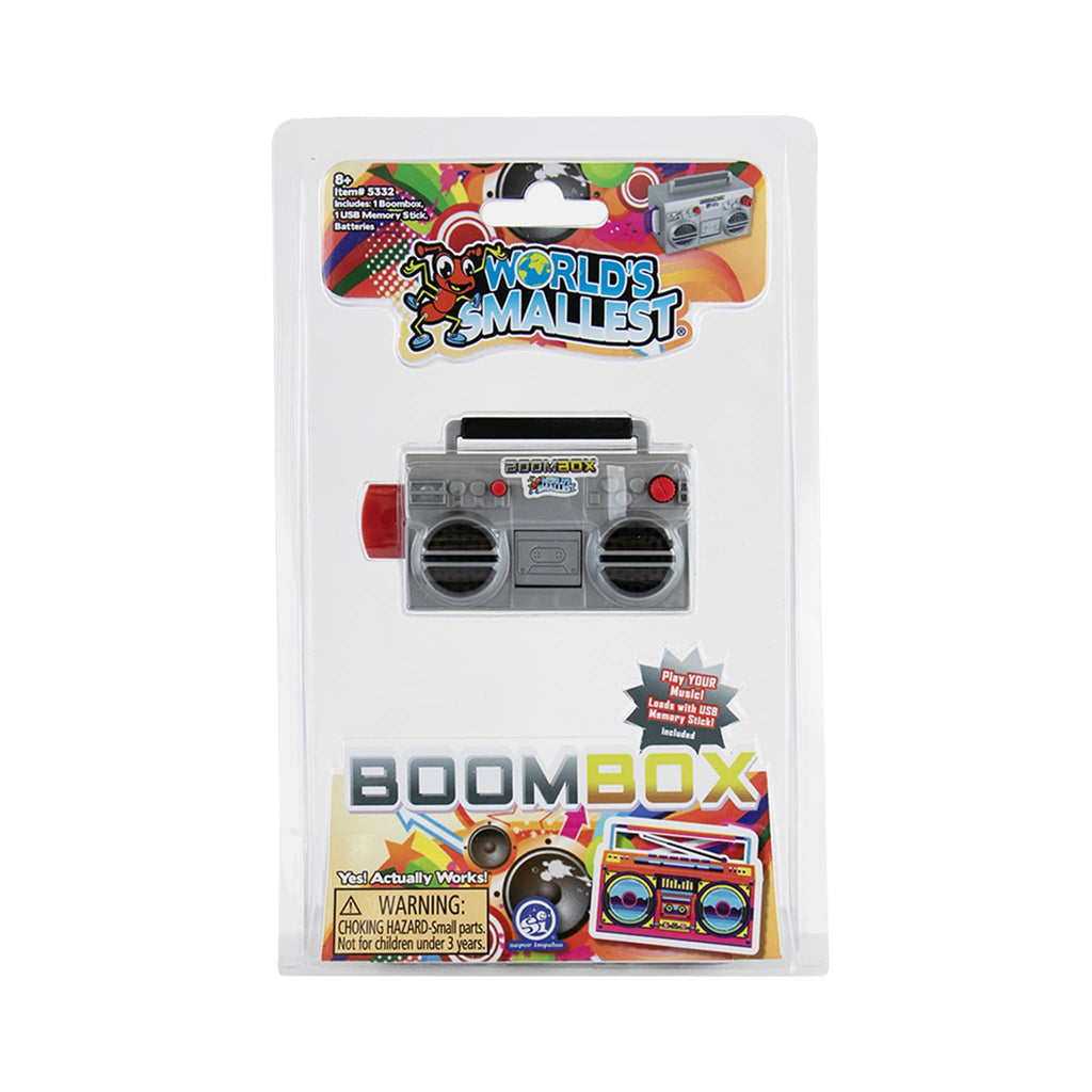 World's Smallest Boombox in packaging with colorful design on a white background.