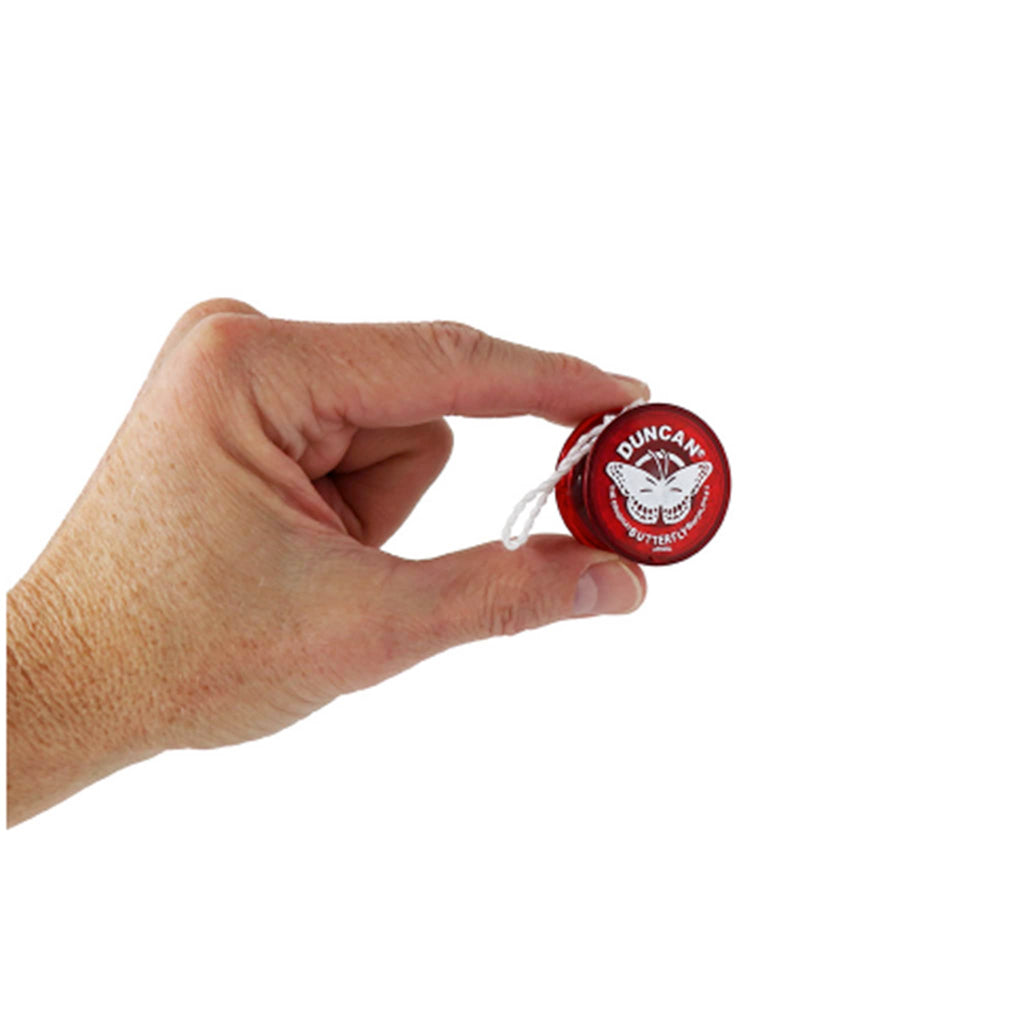 Hand holding a mini red Duncan yo-yo against a white background.