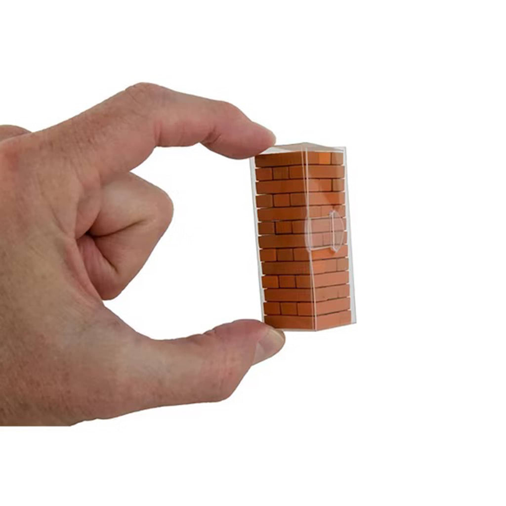 World's Smallest Jenga toy set being held against a white background.