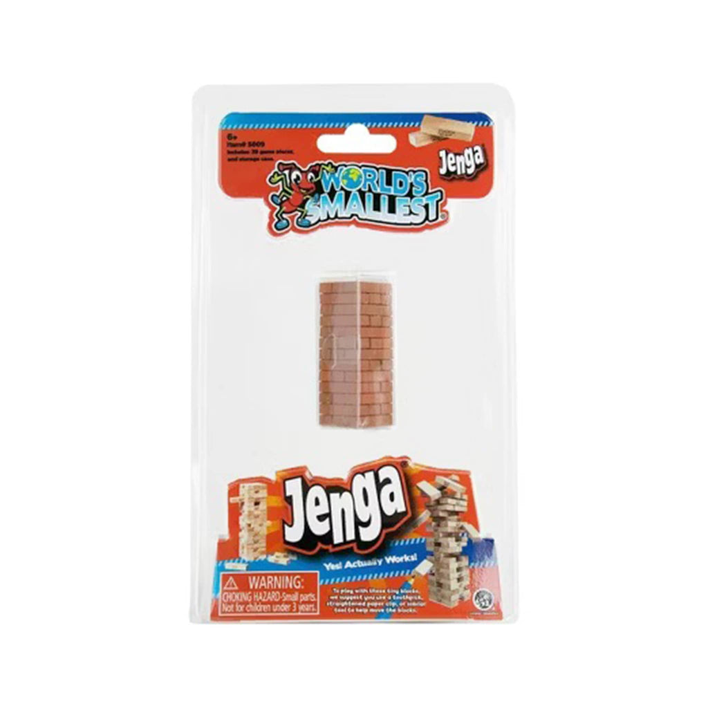 World's Smallest Jenga toy set in packaging on a white background.