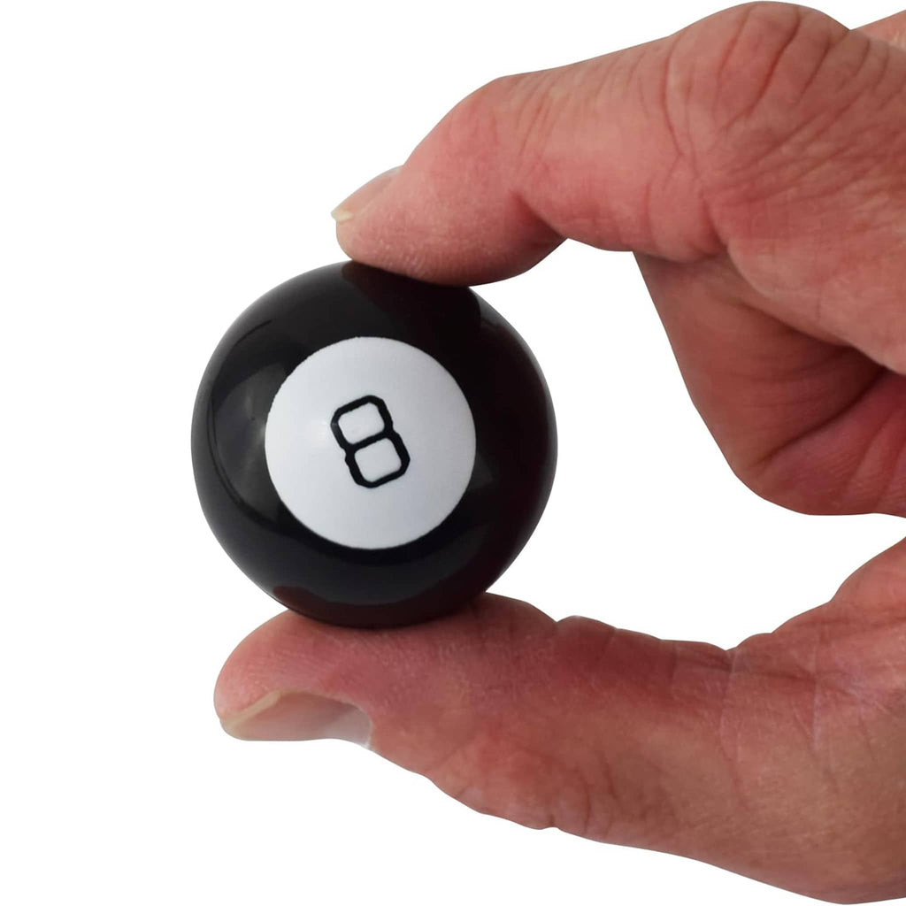 Super Impulse World's Smallest Magic 8 Ball being held between 2 fingers for scale.