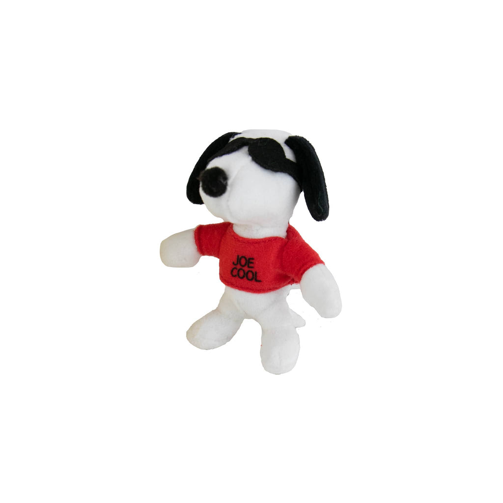 Mini plush Snoopy with sunglasses and a red shirt labeled 'Joe Cool' on a white background.
