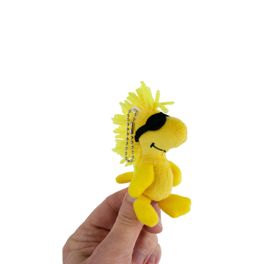 Mini plush Woodstock with sunglasses with a ball chain, being held against a white background.