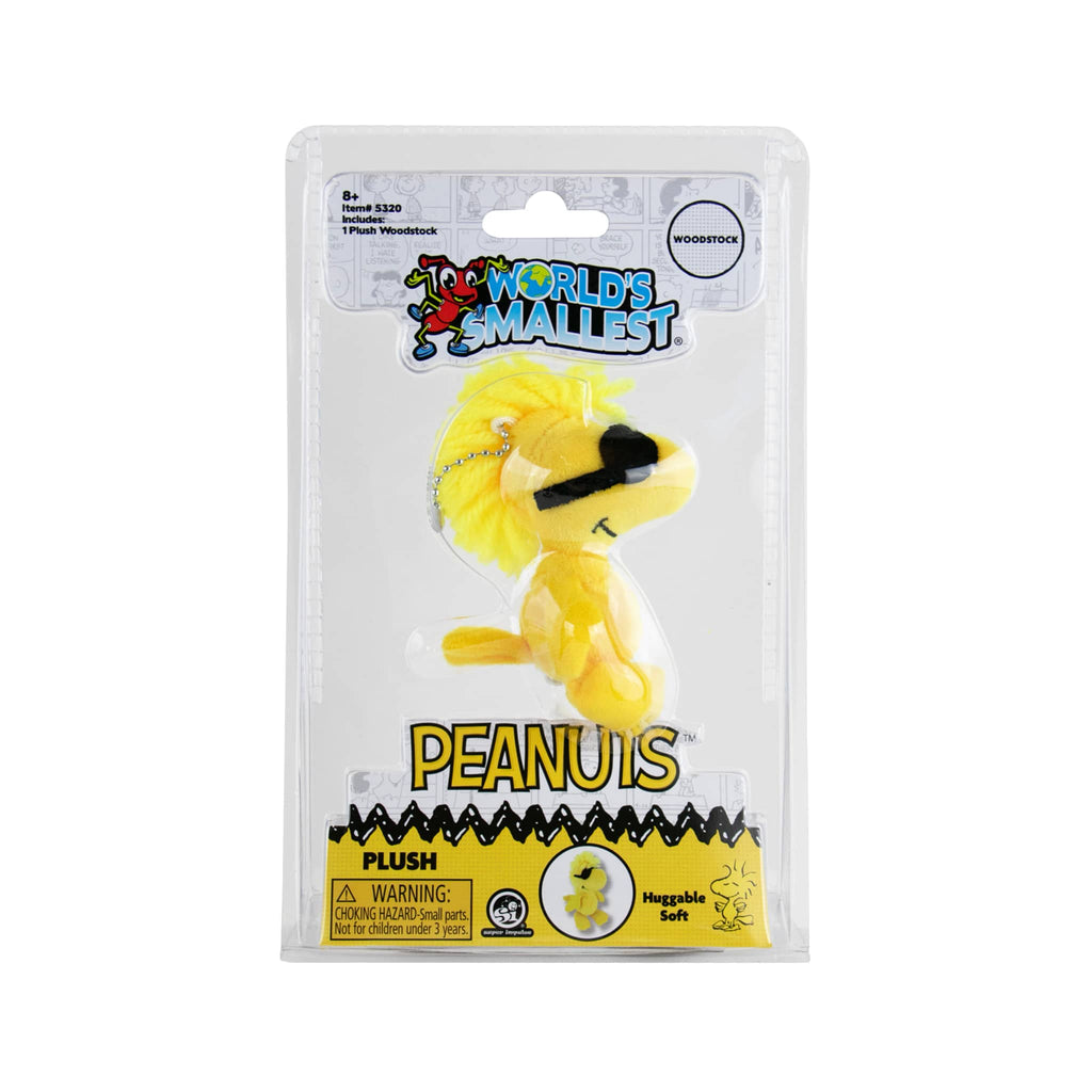 World's Smallest Woodstock with sunglasses plush toy in packaging, on a white background.
