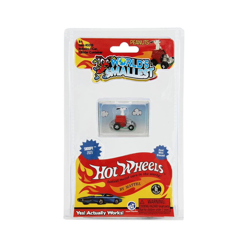World's Smallest Snoopy Hot Wheels toy in packaging with colorful design.