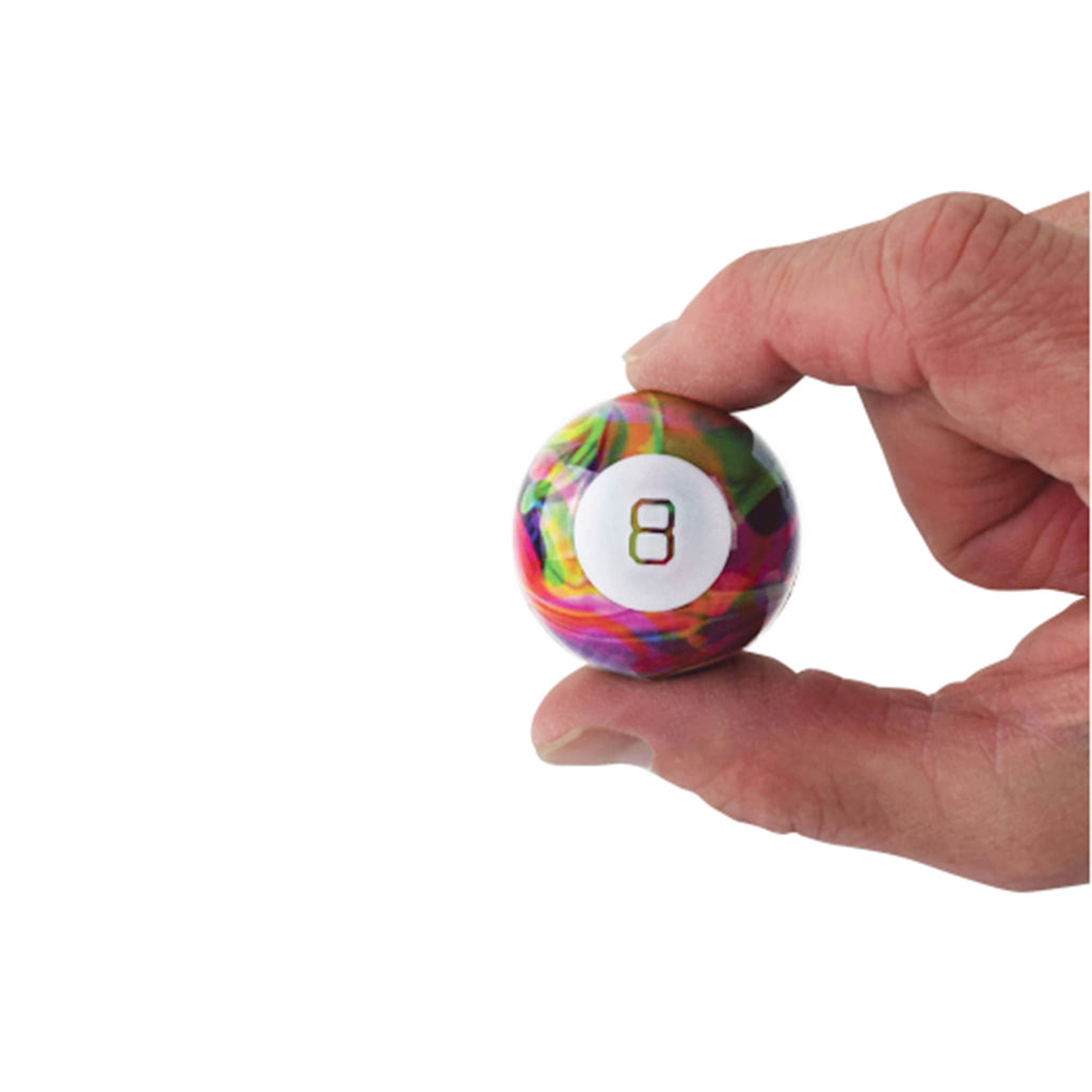 World's Smallest Tie-Dye Magic 8 Ball being held against a white background.
