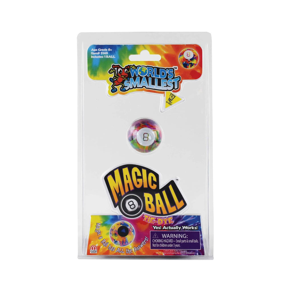 World's Smallest Tie-Dye Magic 8 Ball packaging with colorful design on a white background.