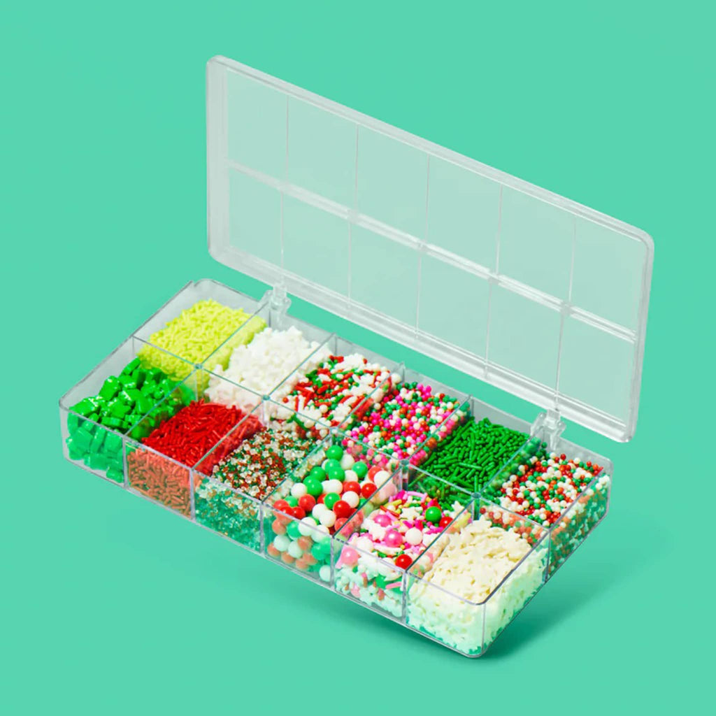 Sweetapolita Oh So Merry premium assorted sprinkle box, side angle, lid open.