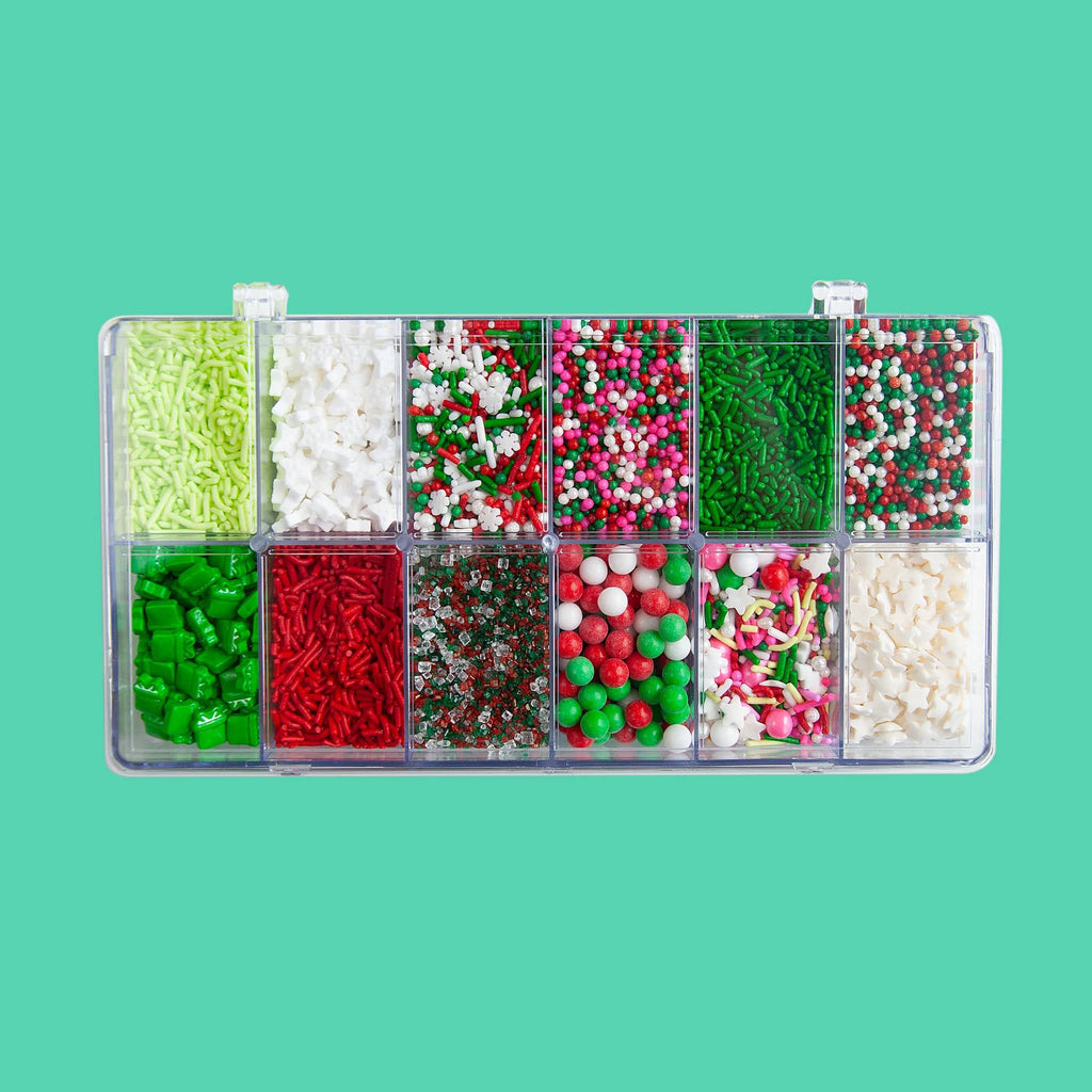 Sweetapolita Oh So Merry premium assorted sprinkle box, top view.