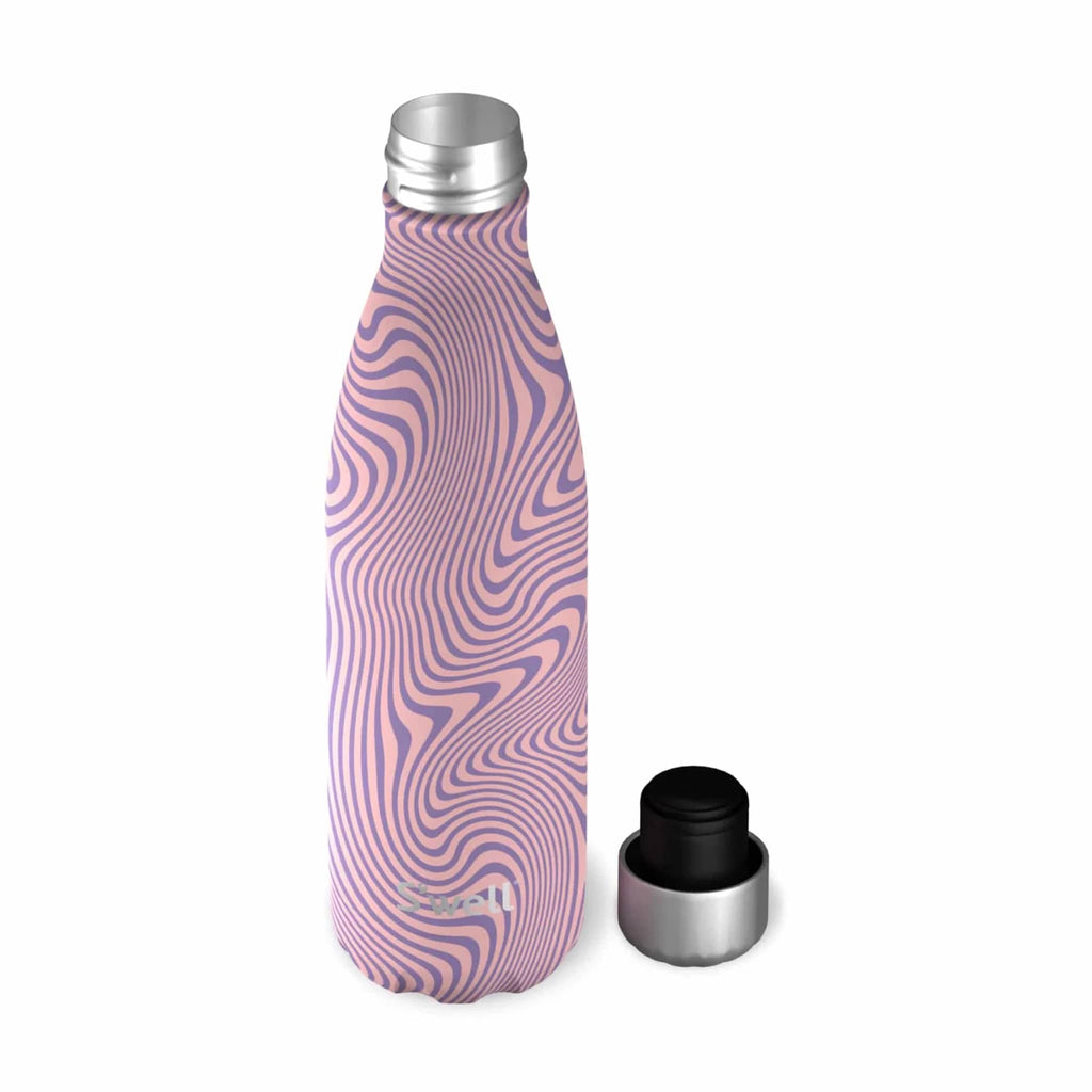 S'well 17 ounce insulated stainless steel water bottle with lavender swirls, front overhead view with silver cap off.