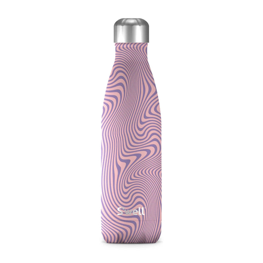 S'well 17 ounce insulated stainless steel water bottle with lavender swirls, front view with silver cap on.