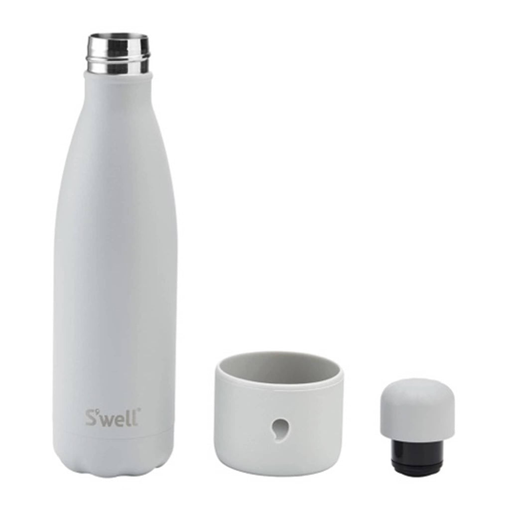 S'well 17 ounce insulated stainless steel water bottle with fog gray matte finish, front view shown beside matching cap and silicone bumper.