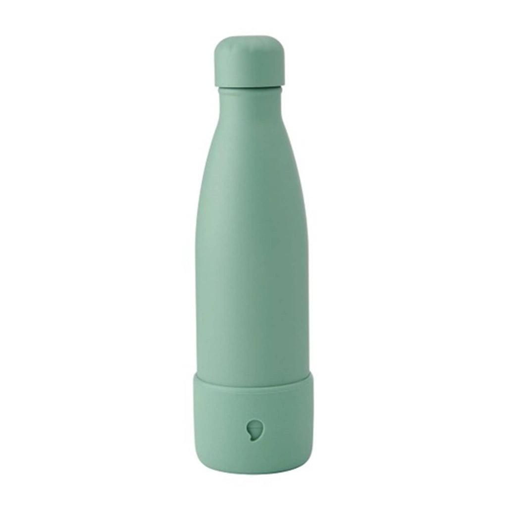 S'well 17 ounce insulated stainless steel water bottle with moss green matte finish, matching cap and silicone bumper on the bottom, front view.