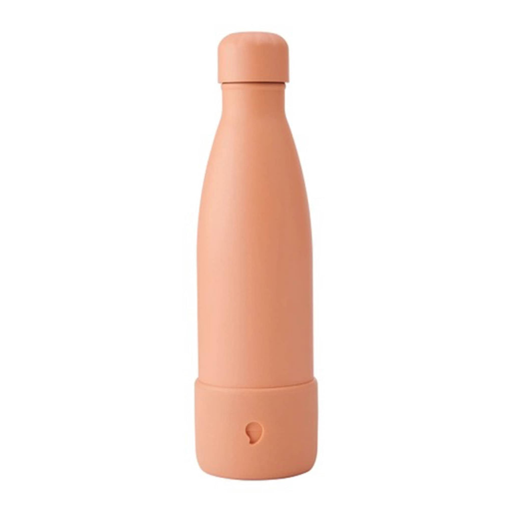 S'well 17 ounce insulated stainless steel water bottle with sunset orange matte finish, matching cap and silicone bumper on the bottom, front view.