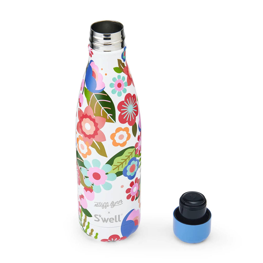 S'well x Steffi Lynn 17 ounce insulated stainless steel water bottle with colorful floral pattern, back view with blue cap off.