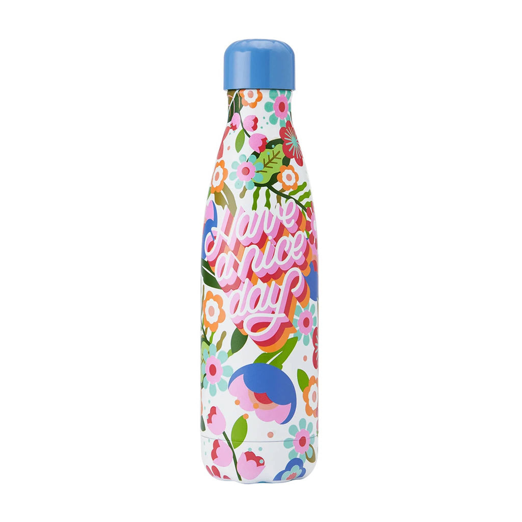 S'well x Steffi Lynn 17 ounce insulated stainless steel water bottle with colorful floral pattern and "have a nice day" in pink and white lettering, front view with blue cap on.