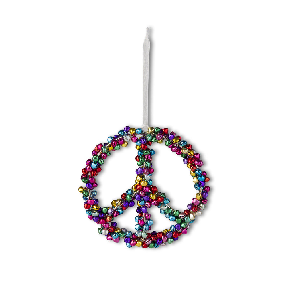 Tag Ltd peace sign holiday christmas tree ornament covered in colorful bells.