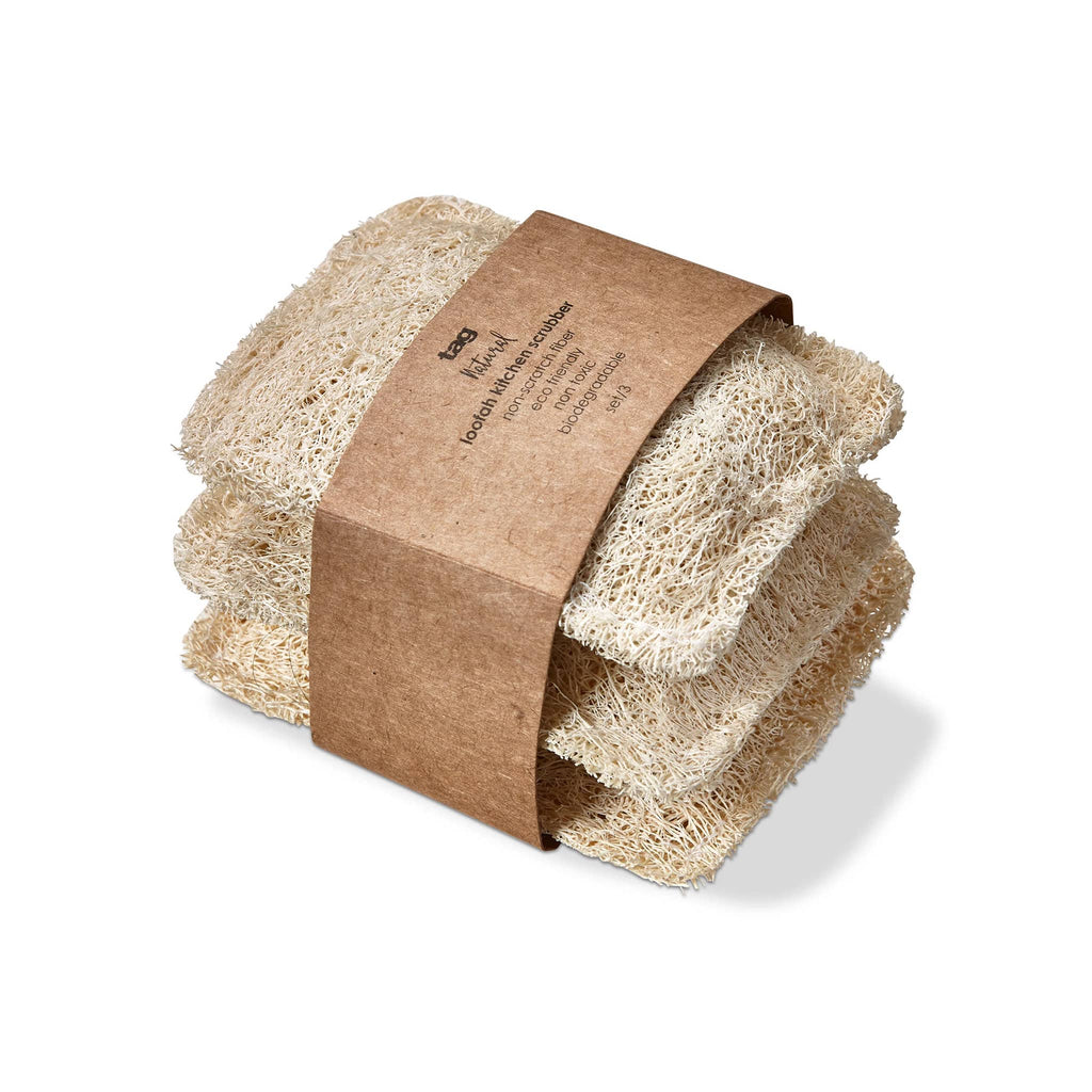 Tag natural eco-friendly loofah kitchen scrubber, set of 3 with paper bellyband packaging.