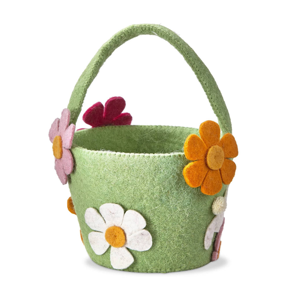 Tag Felt Bunny and Flowers Easter basket in green felt with colorful flower and bunny felt appliques.