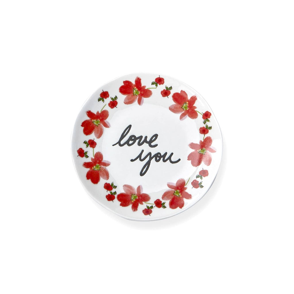 Tag Ltd Sentiments white stoneware round trinket tray dish with red floral design and "love you" in black letters.