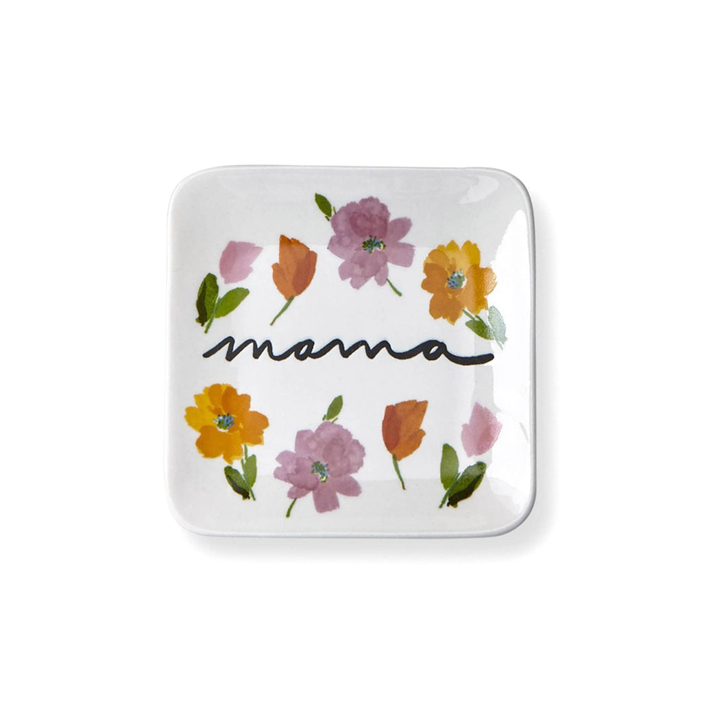 Tag Ltd Sentiments white stoneware square trinket tray dish with floral design and "mama" in black letters.