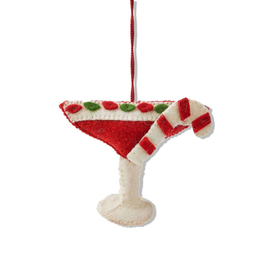 Decorative felt ornament shaped like a martini coupe glass with candy cane and red and green details on a white background.