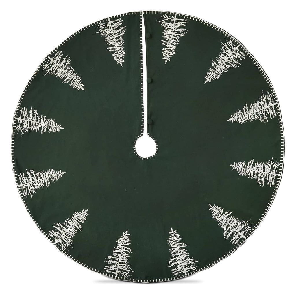 Dark green Christmas tree skirt with white tree pattern on a white background.