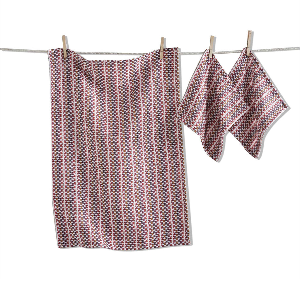 Patterned dishtowel and 2 dishcloths hanging on a clothesline against a white background.