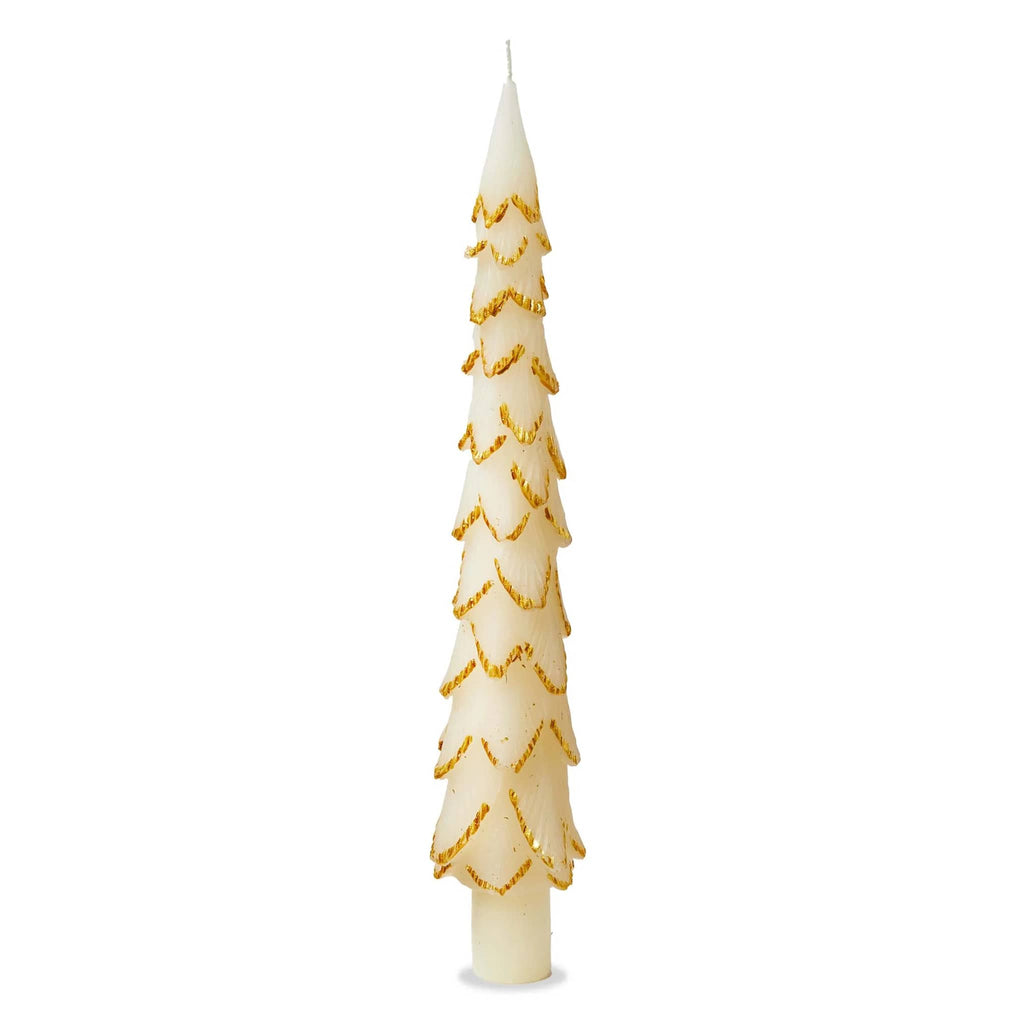 Decorative ivory pine tree shaped taper candle with gold edge detail, on a white background.