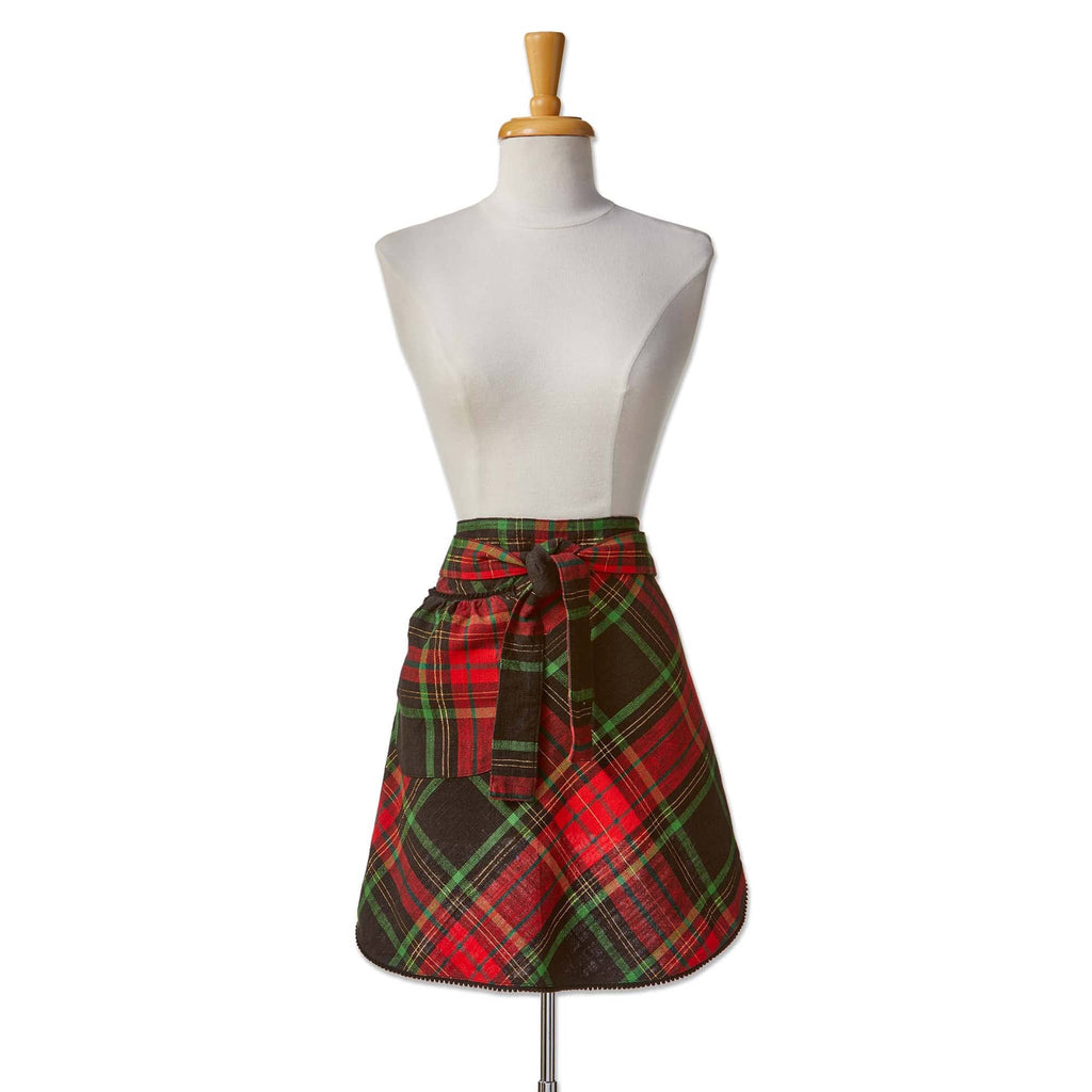 Red and green plaid half apron on a mannequin against a white background.