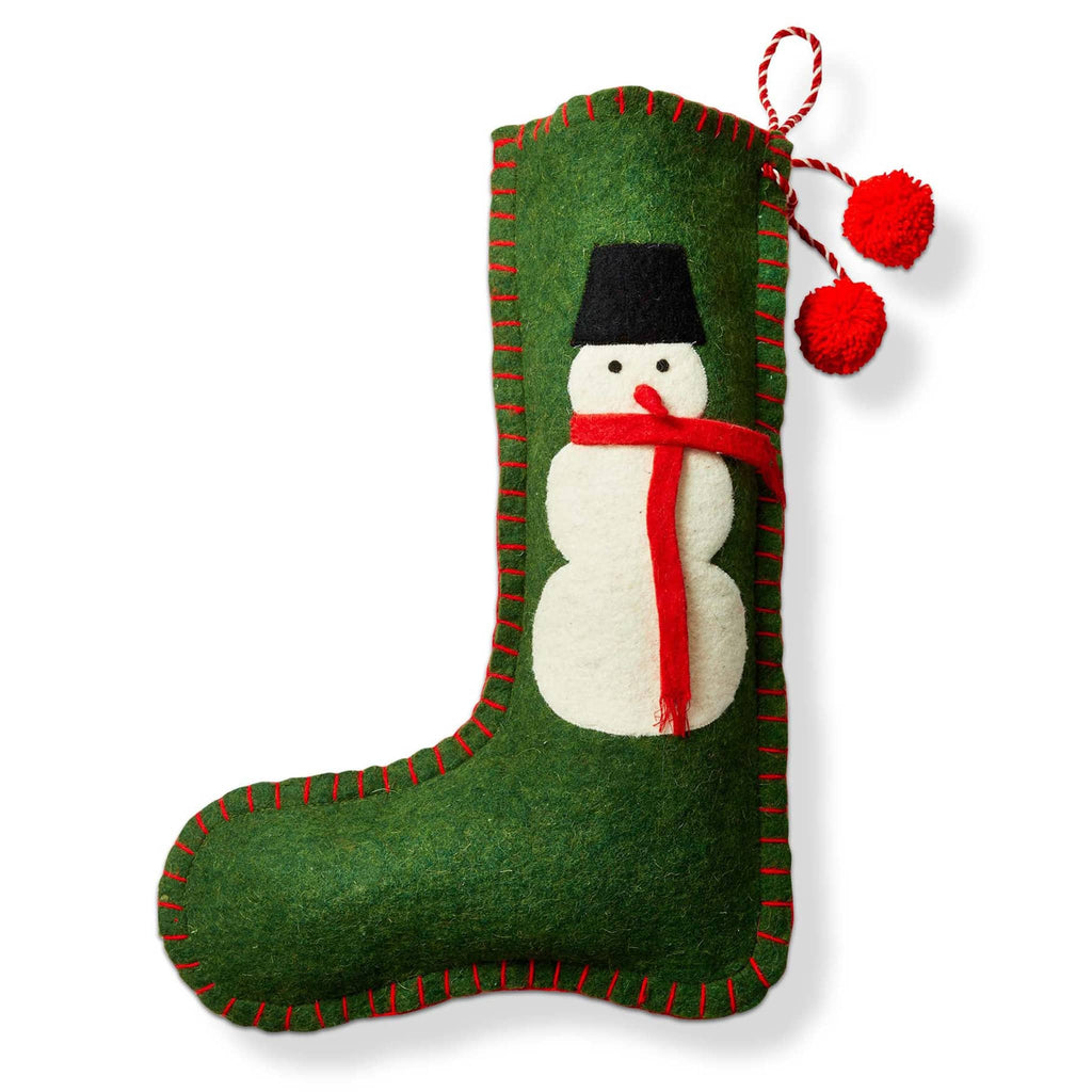 Green wool felt Christmas stocking with a snowman design on a white background.