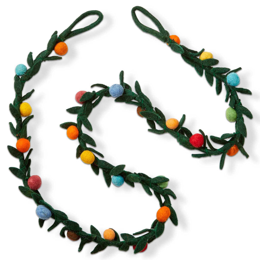 Decorative garland with green felt leaves accented with colorful felt balls, with hanging loops at both ends, folded on a white background.
