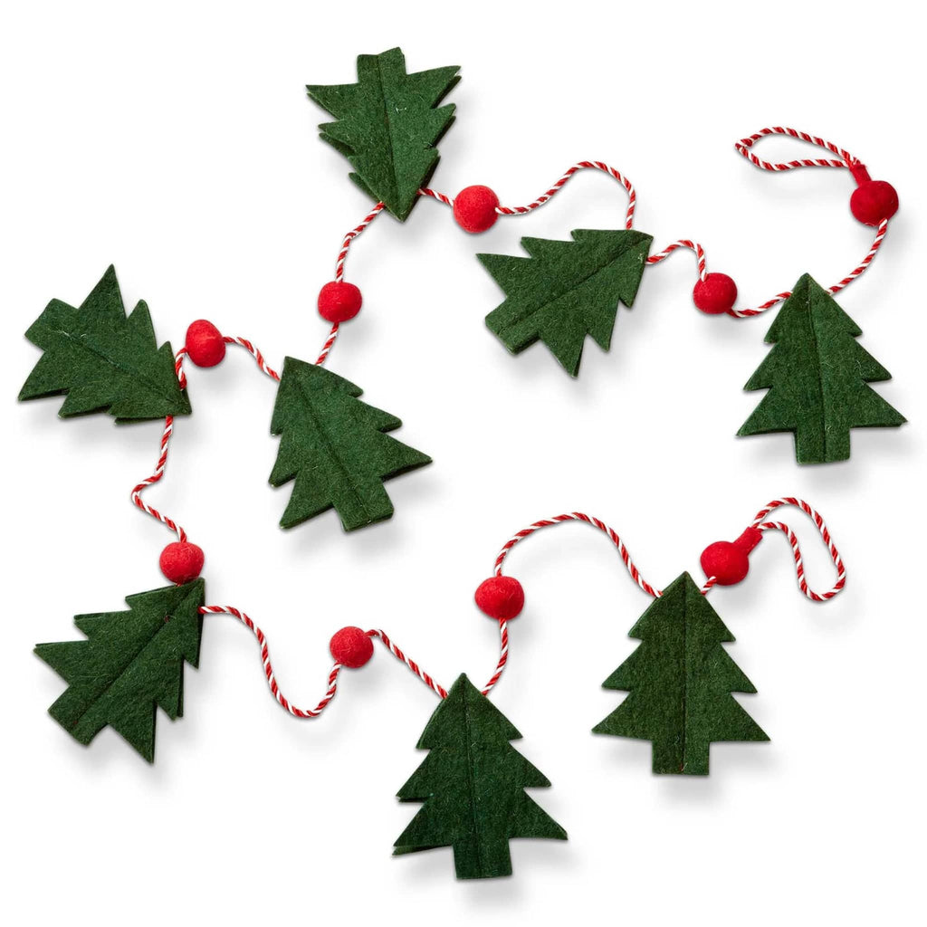 Decorative garland with green felt Christmas tree shapes and red balls, with hanging loops at both ends, on a white background.