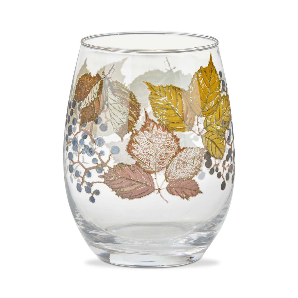 tag autumn leaves stemless wine glass with leaf print in fall colors.