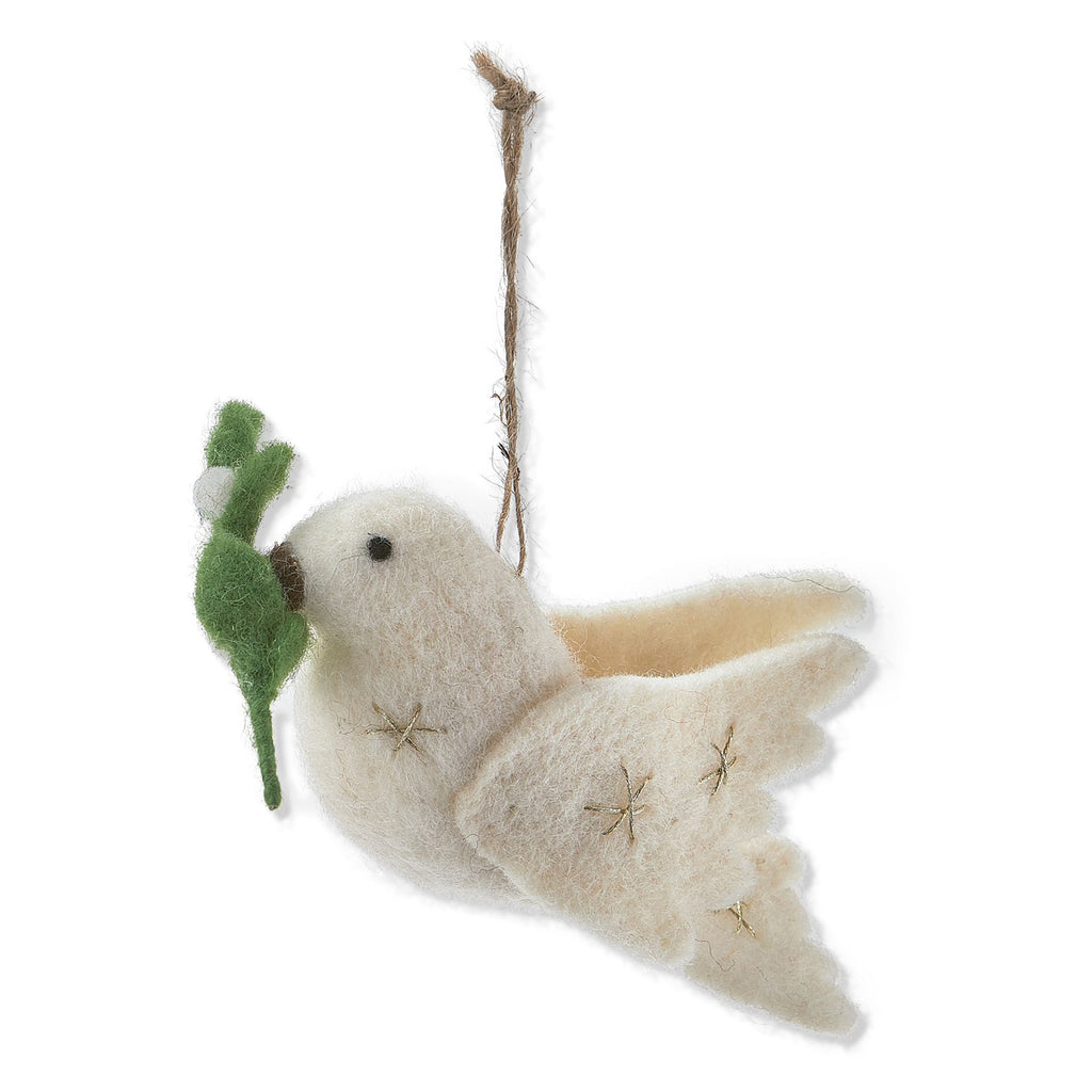 Tag Ltd white wool felt dove with gold stitched stars and a green sprig with white berry in its beak.