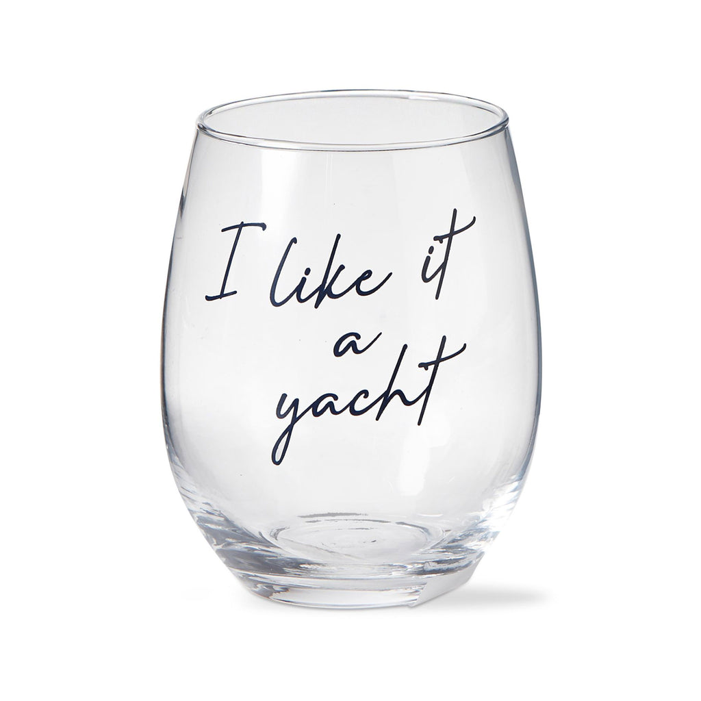 Tag Clear Stemless Wine Glass with "I like it a yacht" in blue script lettering on the front.