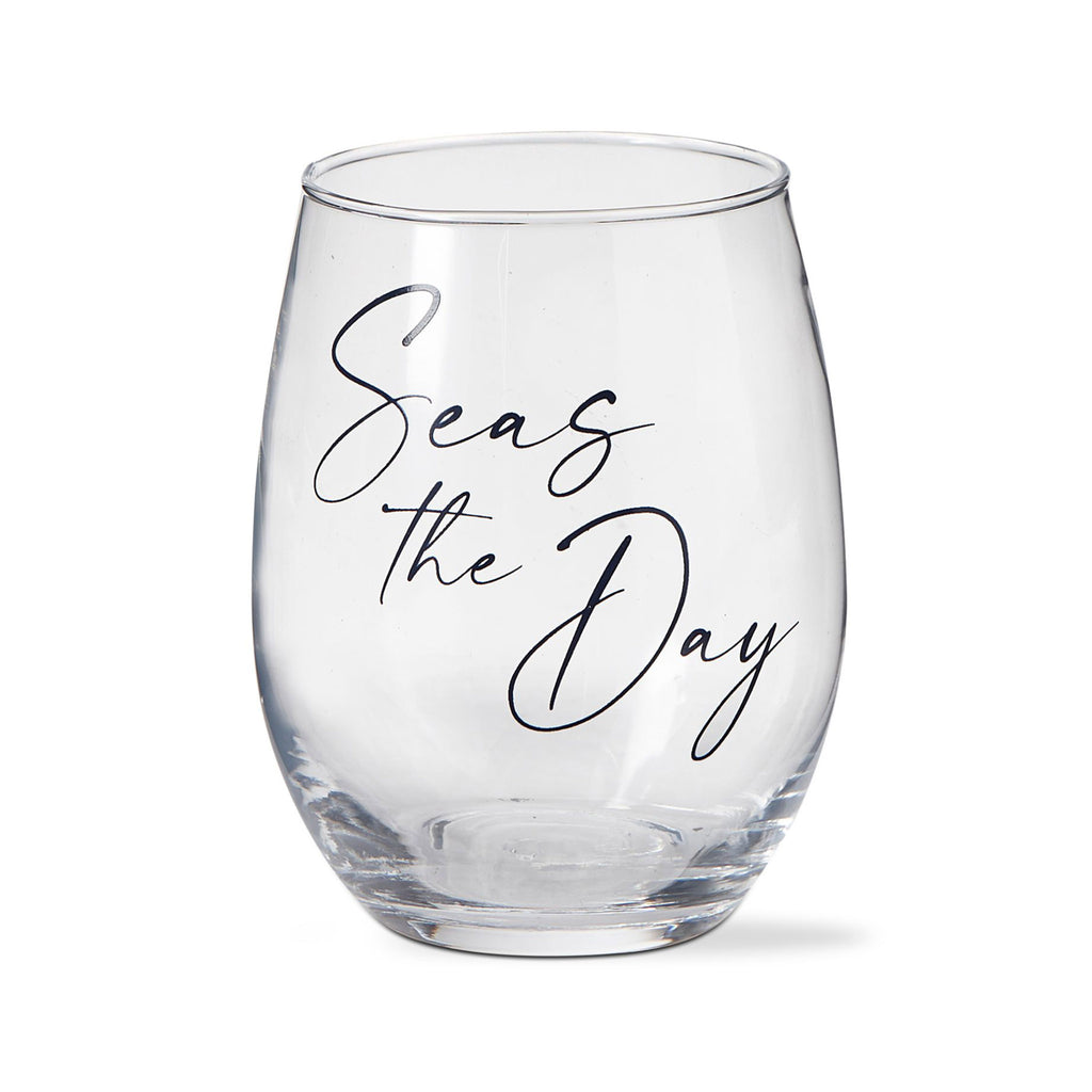 Tag Clear Stemless Wine Glass with "Seas the Day" in blue script lettering on the front.